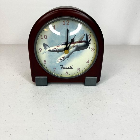 Fossil Mantel Desk Clock WWII Fighter Plane P-47 Thunderbolt Wooden Body AA Batt - Picture 2 of 12